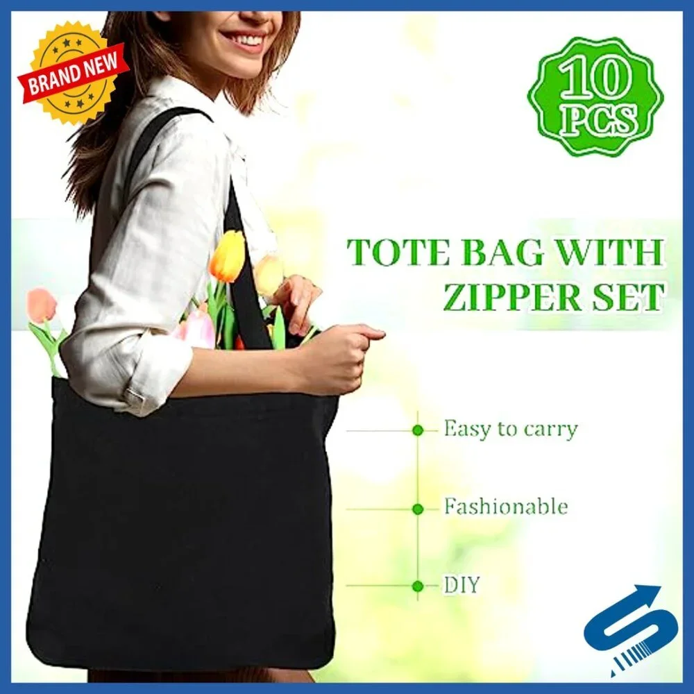 Canvas Tote Bags Set Reusable Grocery Shopping Zipper Totes DIY Crafting